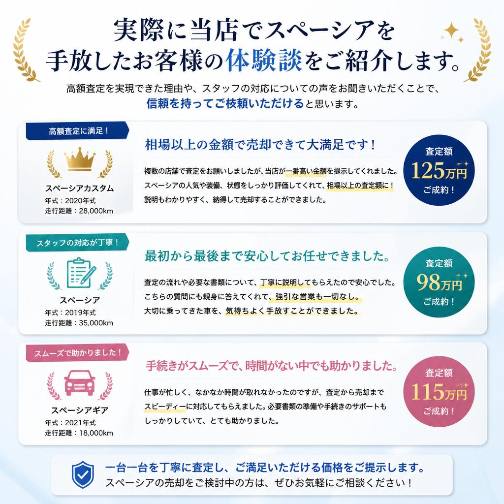 お客様の声：スペーシアを売却した方々の体験談